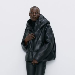 Zara Faux Leather Hooded Puffer Jacket